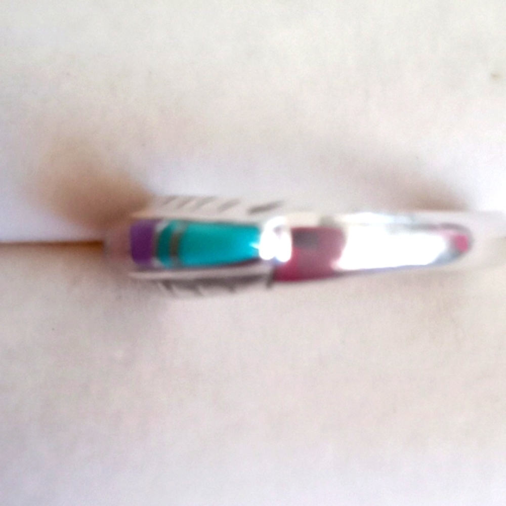 VINTAGE NATIVE AMERICAN MULTI-GEM IN LAY STERLING SILVER RING - Picture 3 of 7
